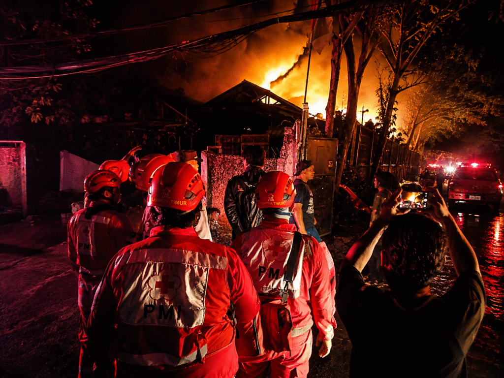 PMI JAKARTA TIMUR BERSIAGA DUKUNG PENANGANAN KEBAKARAN PABRIK BINGKAI KAYU DI PONDOK KELAPA